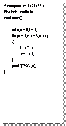 文本框:/*compute s=1!+2!+3!*/
#include <stdio.h>
void main()
{
	int n,s = 0,t = 1;
	for(n = 1;n <= 3;n ++)
	{
		t = t * n;
		s = s + t;
	}
	printf(“%d”,s);
}
