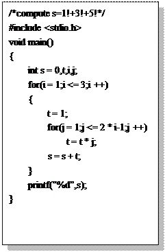 文本框:/*compute s=1!+3!+5!*/
#include <stdio.h>
void main()
{
	int s = 0,t,i,j;
	for(i = 1;i <= 3;i ++)
	{ 
		t = 1;
		for(j = 1;j <= 2 * i-1;j ++)
			t = t * j;
	    s = s + t;
	}
	printf(“%d”,s);
}

